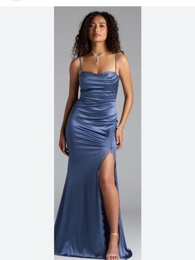 Windsor Steel Blue Satin Cowl Neck Slip Gown
